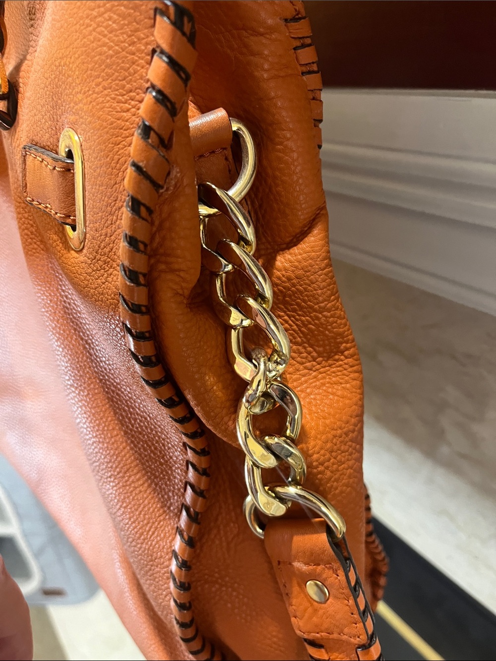 Michael Kors Orange Soft Pebbled Leather Hamilton Tote with Whipstitch Trim - Picture 6 of 11